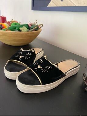 Charlotte Olympia Black Velvet Kitty 🐈‍⬛ platform slide 40.5 fit 9.5 best